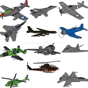 May include: A collection of 10 different types of aircraft, including a fighter jet, a bomber, a helicopter, and a cargo plane. The aircraft are all drawn in a cartoon style and are colored in various shades of gray, green, blue, and brown.