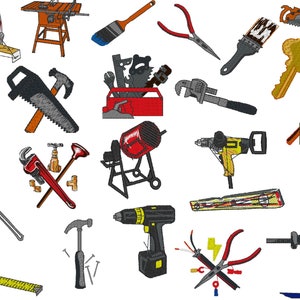 Puede incluir: Una colección de herramientas para proyectos de mejoras para el hogar, que incluyen una sierra, un martillo, una llave inglesa, una cinta métrica, un pincel, un nivel, un taladro y una mezcladora de cemento. Las herramientas están dispuestas sobre un fondo blanco. La imagen también incluye un letrero que dice "Service You Can Trust".