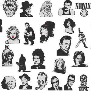 May include: Black and white illustrations of various musicians, including Kurt Cobain, David Bowie, Freddie Mercury, and others. The illustrations are in a simple, graphic style.