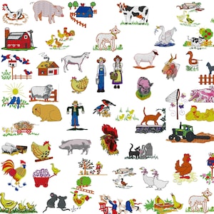 Farm Animals Farm Yard 60 Embroidery Files - 4 x 4 inches ( 100 x 100mm) Hoop - Pes Dst Exp Jef Hus Vip and  XXX  - Instant Download