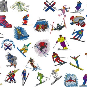 Skiing Ski Snow Boarding Winter Sports Set of 35 Embroidery Files - Pes Dst Exp Jef Hus Vip and  XXX  - Instant Download