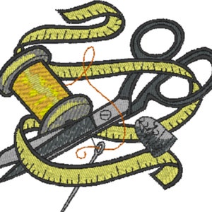 May include: A yellow spool of thread, a pair of silver scissors, a needle and a yellow measuring tape are intertwined. The tools are arranged in a decorative design.