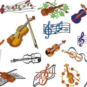 May include: Embroidered violin designs in various colours, including green, orange, and blue. Some designs feature musical notes and staves. The violins are depicted with bows and are arranged in different orientations.