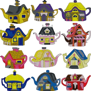 May include: Nine colorful teapots shaped like houses with different designs and details. Each teapot has a spout and handle. The teapots are arranged in three rows of three.