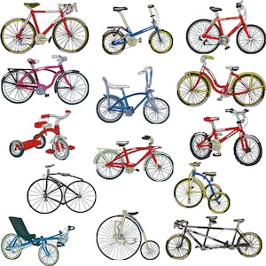 Puede incluir: Una colección de 12 bicicletas y triciclos diferentes en varios colores, incluyendo rojo, azul, verde y negro. Las bicicletas son de varios estilos, incluyendo una bicicleta tándem, una bicicleta de rueda alta, un triciclo y una bicicleta de paseo.