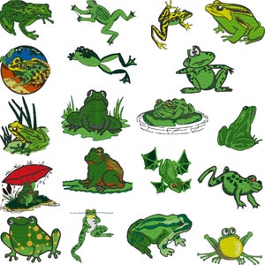 Puede incluir: Una colección de 16 ilustraciones de ranas verdes en varias poses, incluyendo sentadas, saltando, nadando y sosteniendo un paraguas. Las ranas están representadas en un estilo de dibujos animados con cuerpos verde brillante, ojos amarillos y manchas negras.