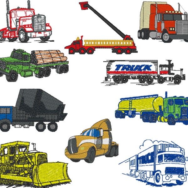 Truck Lorries Motors Set of 10 Embroidery Files - 4 x 4 inches ( 100 x 100mm) Hoop - Pes Dst Exp Jef Hus Vip and  XXX  - Instant Download