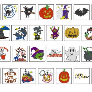 Halloween Bus eller godis Set med 26 broderimappar 4 x 4 tum (100 x 100 mm) Broderiring - Pes Dst Exp Jef Hus Vip och XXX - Direktnedladdning