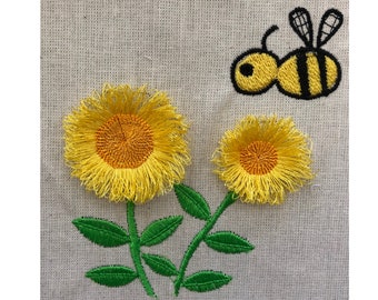 Flowers Stems Fancy Fluffy Fringe & Bee Embroidery in 2 Sizes , Fits 4 x 4 inches Hoop -  Pes Dst Exp Jef Hus ViP XXX - Instant Download