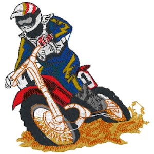 May include: A red, white, and blue motocross rider wearing a helmet and racing suit, riding a dirt bike with the number "11" on the side, through a cloud of orange dirt.