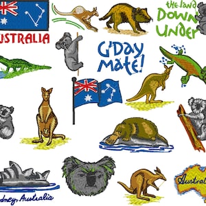 Puede incluir: Una colección de imágenes bordadas de colores que representan animales, monumentos y símbolos australianos. Las imágenes incluyen un canguro, un koala, un cocodrilo, un ornitorrinco y la Ópera de Sídney. También se incluyen los textos "G'Day Mate!" y "The Land Down Under".