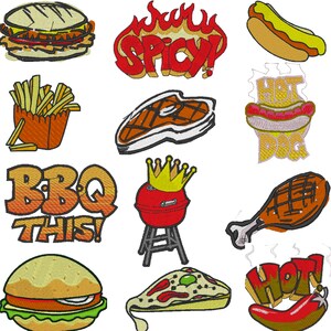 May include: A collection of embroidered designs featuring various barbecue and grilling themes. The designs include a hamburger, hot dog, steak, french fries, pizza, chili peppers, and a grill with a crown. The text "BBQ This!" and "Spicy!" are also included.