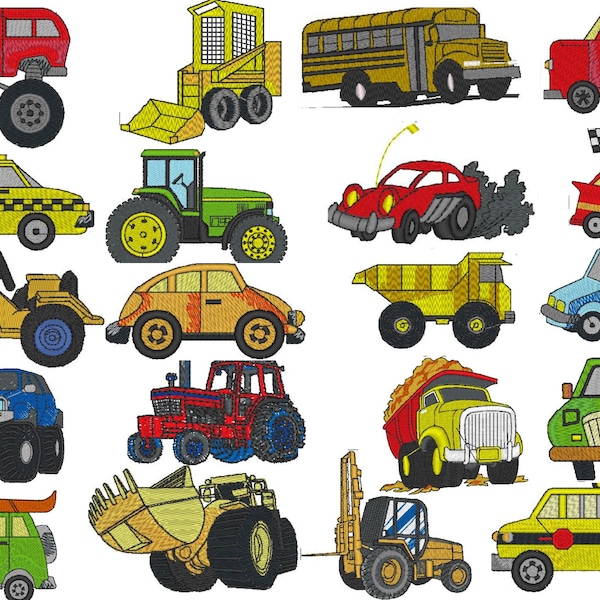 Cars Kids Truck Cartoon Set of 20 Embroidery Files - 4 x 4 inches ( 100 x 100mm) Hoop - Pes Dst Exp Jef Hus Vip and  XXX  - Instant Download