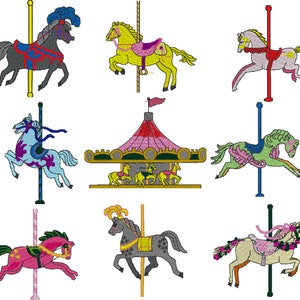May include: A set of nine colourful carousel horses, each with a different design and colour scheme. The horses are all on poles and have saddles and reins. There is also a carousel platform with three horses on it.
