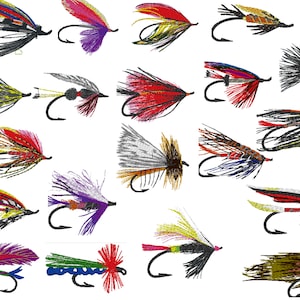 May include: A collection of 18 colorful fly fishing lures with feathers, fur, and beads. The lures are arranged in rows on a white background. Lemon Tree Stitch Embroidery is printed in the top right corner.