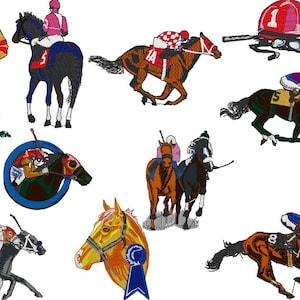 May include: An illustration of various horse racing scenes. The illustrations feature horses, jockeys, and racing equipment. Some of the horses are brown, black, and white. The jockeys are wearing colorful uniforms. The illustrations are in a cartoon style.