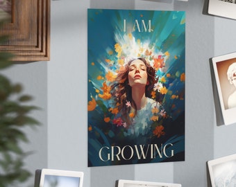 I am growing self-love affirmation vision board | Botanical mindfulness poster for positive energy and self care