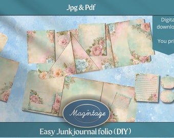 Soft colors shabby chic printable junk journal folio with roses. Pastels. Suitable for beginners and advanced users. DIY