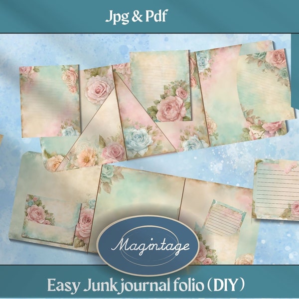 Soft colors shabby chic printable junk journal folio with roses. Pastels. Suitable for beginners and advanced users. DIY