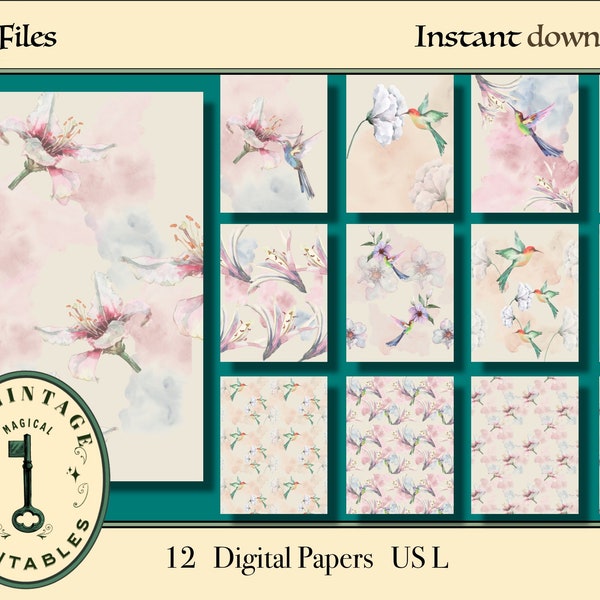 Kolibri and flowers digital paper for scrapbook, junk journals and diary decoration