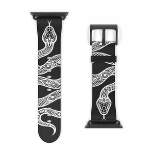 May include: Black watch band with a white snake design. The snake is depicted in a detailed, geometric pattern. The band has a black buckle and connectors. The design is symmetrical and centered on the band.