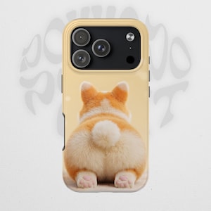 May include: A phone case featuring a corgi's rear end. The case has a light yellow background and a close-up image of the dog's fluffy, white and orange fur. The phone case has a camera cutout and black side accents.