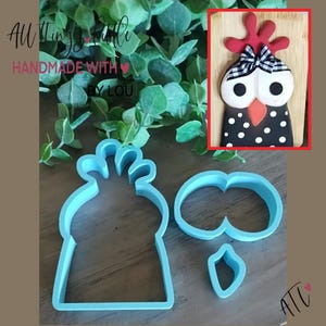 May include: A set of three light blue plastic cookie cutters shaped like a chicken, including a main body piece, a separate eye section, and a small beak piece, alongside a finished chicken decoration with a black and white polka dot pattern.