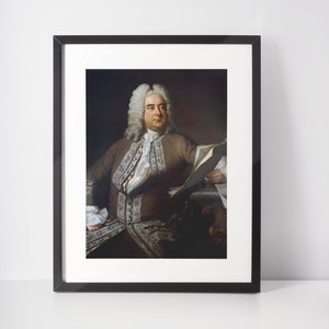 May include: Framed portrait of a man in a brown coat with white lace trim and a white wig. The man is holding a document and is seated at a table. The portrait is in a black frame.
