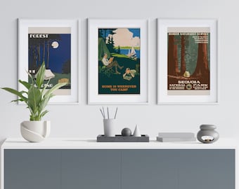 3 Piece Wall Art Retro Camping Adventure Masculine Wall Art Tryptic Vintage Camping Poster Set to Relive the Memories of the Great Outdoors