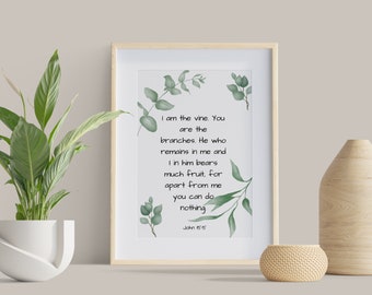 Christian Wall Art I am the Vine Watercolor Print Religious Poster for Home Decor Baptism Gift Bible Verse Art for Baby Nursery