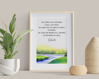 Psalm 23, Bible Verse Wall Art, Watercolor, Christian Baptism Gift, Printable Christian Art, The LORD is my shepherd, I shall not want