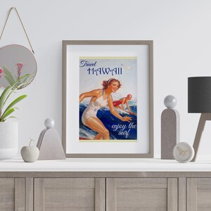 Cartel de viaje vintage de surf de Hawaii, cartel de viaje de Hawaii USA, arte de pared americano, arte de pared vintage, cartel vintage