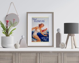 Hawaii Surfing Vintage Travel Poster, Hawaii USA Travel Poster, American Wall Art, Vintage Wall Art, Vintage Poster