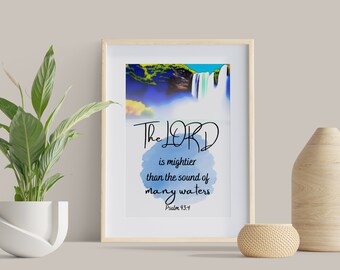 Psalm 93:4, Bible Verse Wall Art, Watercolor, Christian Baptism Gift, Printable Christian Art, The LORD is mightier than many waters