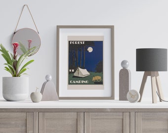 Vintage Moonlight Camping Poster, Camping Wall Art, Vintage Wall Art, Outdoor Camping Decor, Wildlife Decor