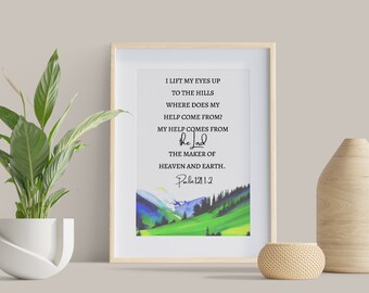 Psalm 121 Green Mountains, Bible Verse Wall Art, Watercolor, Christian Baptism Gift, Printable Christian Art, My help comes from the LORD