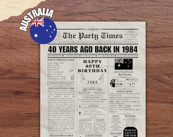 1984 AUSTRALIA 40th Birthday Newspaper Print Australian 40th Birthday Gift 1984 Birthday Poster 40 Years Ago Back in 1984 print Aussie