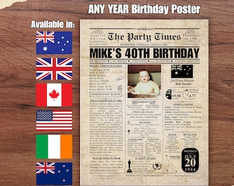 Birthday Gift Newspaper Print, Custom Birthday Gift Poster for Him Her Mum Dad, Years Ago Facts About Aussie Kiwi British Irish Americans