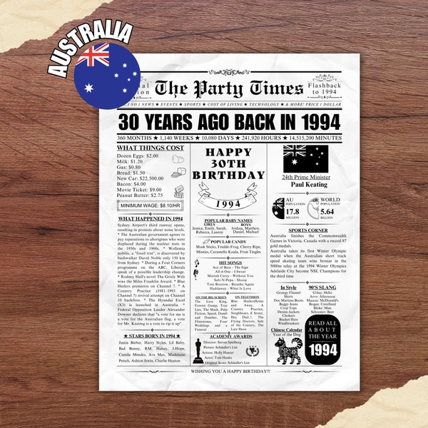 1994 AUSTRALIA 30th Birthday Newspaper Print Australian 30th Birthday Gift 1994 Birthday Poster 30 Years Ago Back in 1994 print Aussie