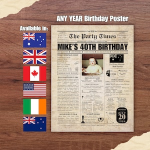 Geburtstagsgeschenk Zeitungsdruck, benutzerdefiniertes Geburtstagsgeschenk Poster für ihn ihre Mutter Papa vor Jahren Fakten über Aussie Kiwi British Irish Americans