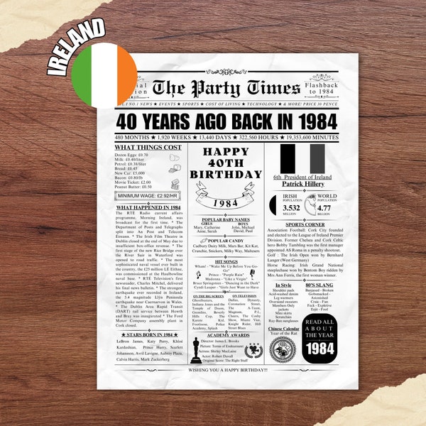 1984 Irish 40th Birthday Newspaper Poster IRELAND facts 40 Years Ago Back in 1984 40th Birthday Gift Idea for Irish Men Women Men Women