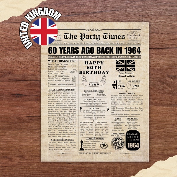 1964 UK 60th Birthday Newspaper Print United Kingdom 60th Birthday Gift 1964 Birthday Poster 60 Years Ago Back in 1964 print Facts About UK
