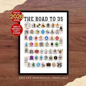 May include: A framed print titled "The Road to 35," featuring a timeline of events from 1991 to 2026. The poster includes icons and text, with the words "Instant Download | Printable" at the bottom. It is a birthday party game.