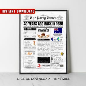 1985 AUSTRALIA 40th Birthday Newspaper Print Australian 40th Birthday Gift 1985 Birthday Poster 40 Years Ago Back in 1985 print Aussie