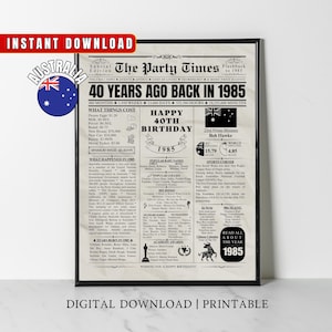 Stampa di giornale del 40° compleanno AUSTRALIA 1985, regalo australiano per il 40° compleanno, poster del compleanno 1985, arte murale australiana, decorazioni per la festa di compleanno 1985