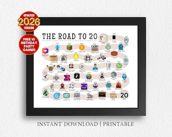 May include: A framed poster titled THE ROAD TO 20, featuring a timeline of events from 2006 to 2025 with colorful icons and descriptive text for each year. The design includes a red circular badge stating UPDATED! 2026 VERSION and FREE 10 BIRTHDAY PARTY GAMES.