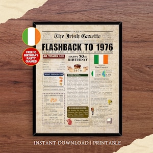 1976 Irish 50th Birthday Newspaper Poster IRELAND facts 50 Years Ago Back in 1976 50th Birthday Gift Idea for Irish Men Women Son Daughter