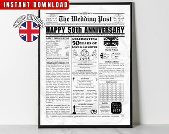 Afiche de periódico de boda del 50.° aniversario de bodas en el Reino Unido, regalo del 50.° aniversario de bodas británico para mamá, papá, padres, decoración de fiesta de aniversario de bodas de oro imprimible