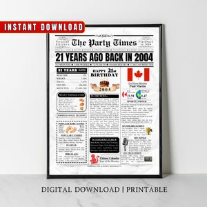 CANADA 21e anniversaire journal imprimable, 2004 Canada 21e anniversaire cadeau, 2004 affiche d'anniversaire, il y a 21 ans en 2004 décoration de fête à la maison