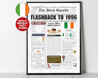 1996 Irish 30th Birthday Newspaper Poster IRELAND facts 30 Years Ago Back in 1996 30th Birthday Gift Idea for Irish Men Women Son Daughter